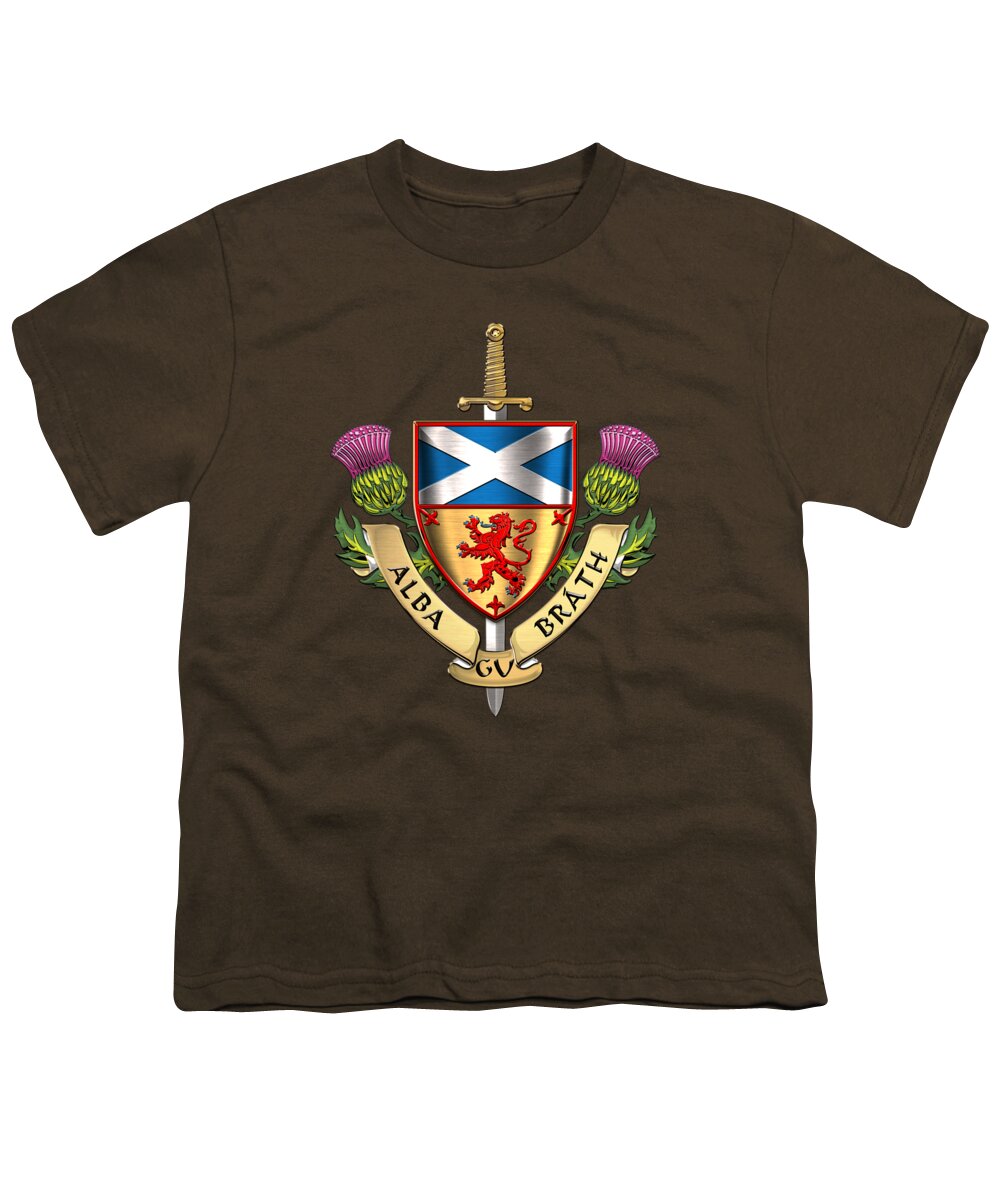 “world Heraldry” Collection Serge Averbukh Youth T-Shirt featuring the digital art Scotland Forever - Alba Gu Brath - Symbols of Scotland over Brown Leather by Serge Averbukh