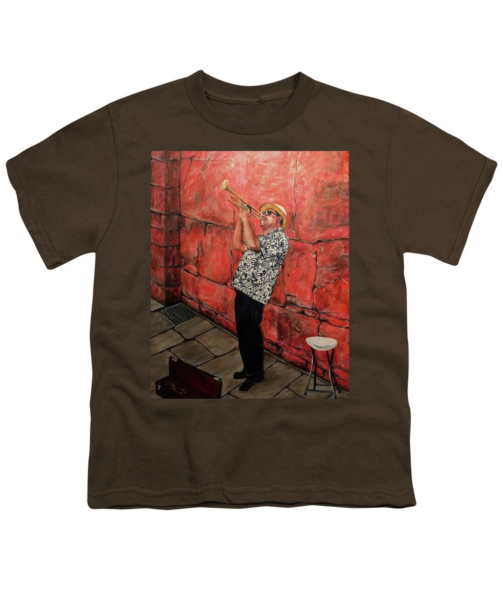 Trumpeter Youth T-Shirt featuring the painting The Trumpet Man by Bonnie Peacher