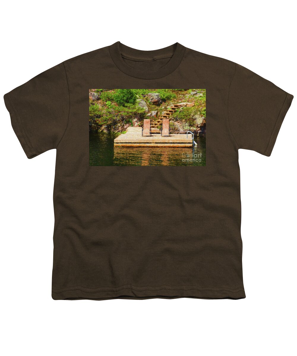 Dock Youth T-Shirt featuring the digital art Two chairs on the dock painterly by Les Palenik