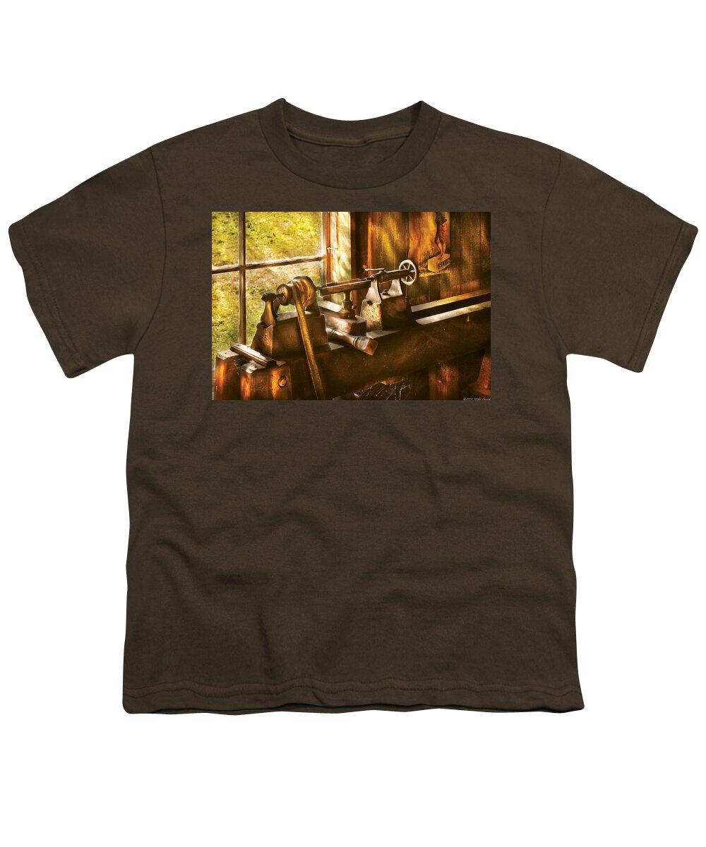 Woodworker Youth T-Shirt featuring the photograph Woodworker - An Old Lathe by Mike Savad