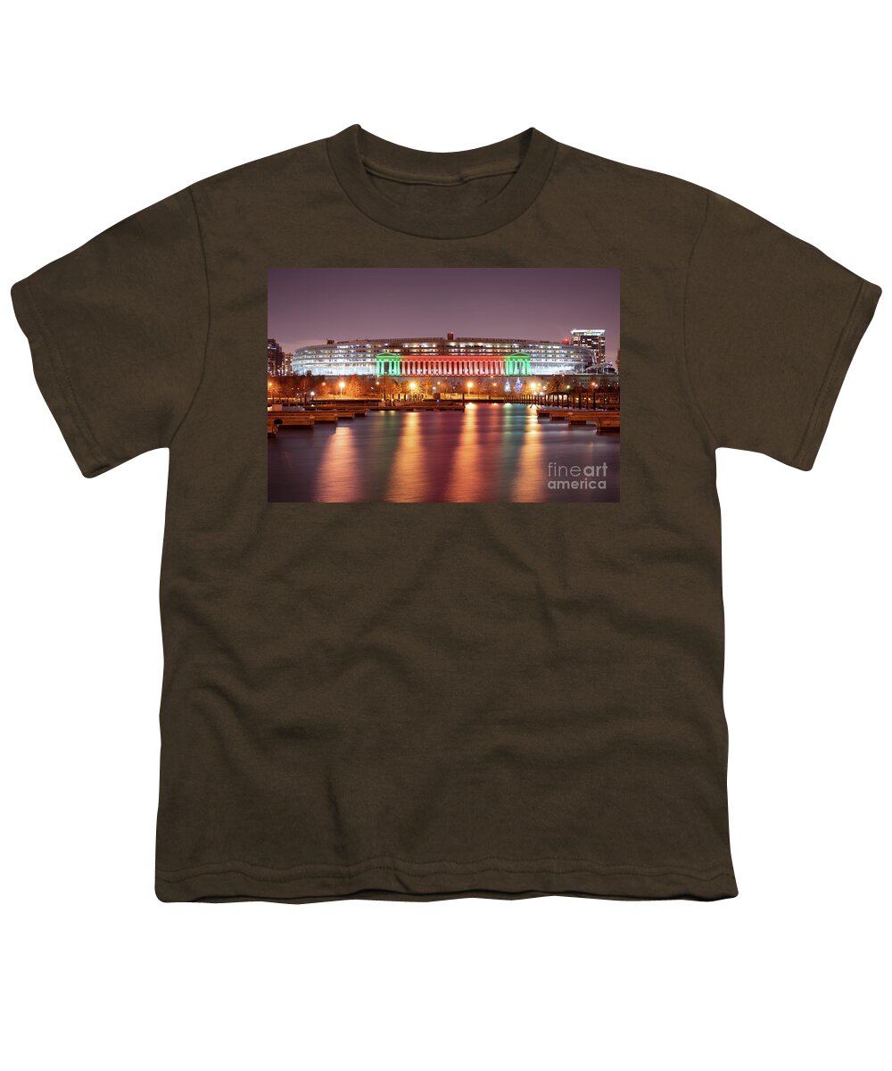 America Youth T-Shirt featuring the photograph Chicago Soldier Field Christmas Red and Green Lights Photo by Paul Velgos