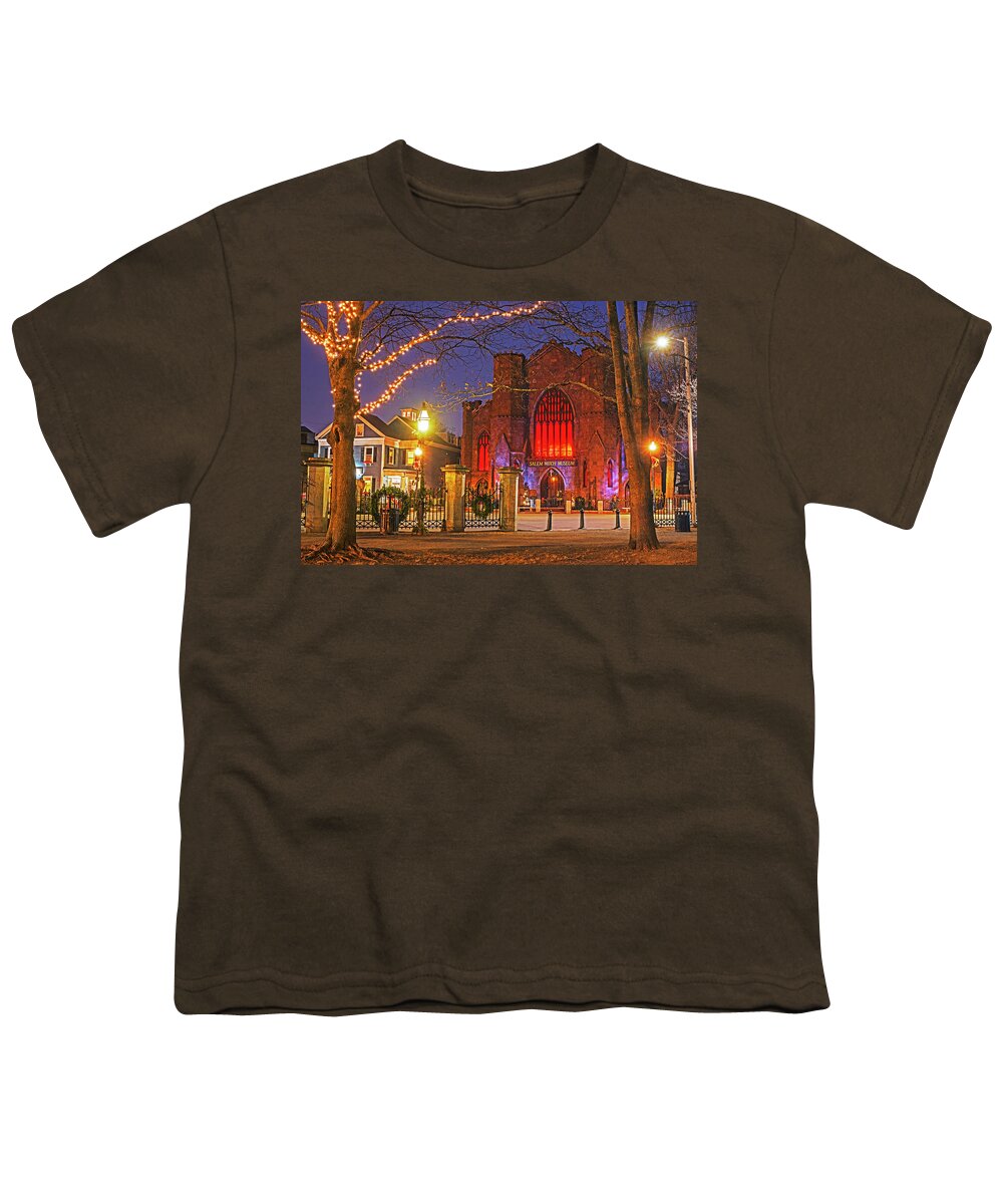Salem Youth T-Shirt featuring the photograph Christmas in Salem MA Washington Park Salem Witch Museum by Toby McGuire