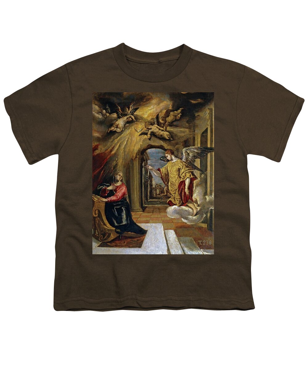El Greco Youth T-Shirt featuring the painting El Greco / 'The Annunciation', ca. 1570, Spanish School, Oil on panel, 26 cm x 20 cm, P00827. by El Greco -1541-1614-