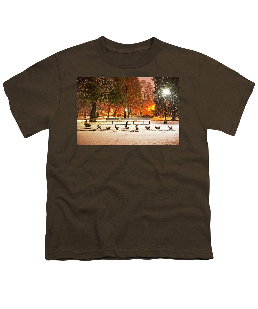 Boston Youth T-Shirt featuring the photograph Make Way For Ducklings in the Snow Boston Common Boston MA by Toby McGuire