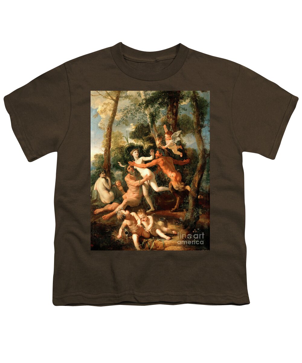 17th Century Youth T-Shirt featuring the painting Pan And Syrinx, 1637 by Nicolas Poussin