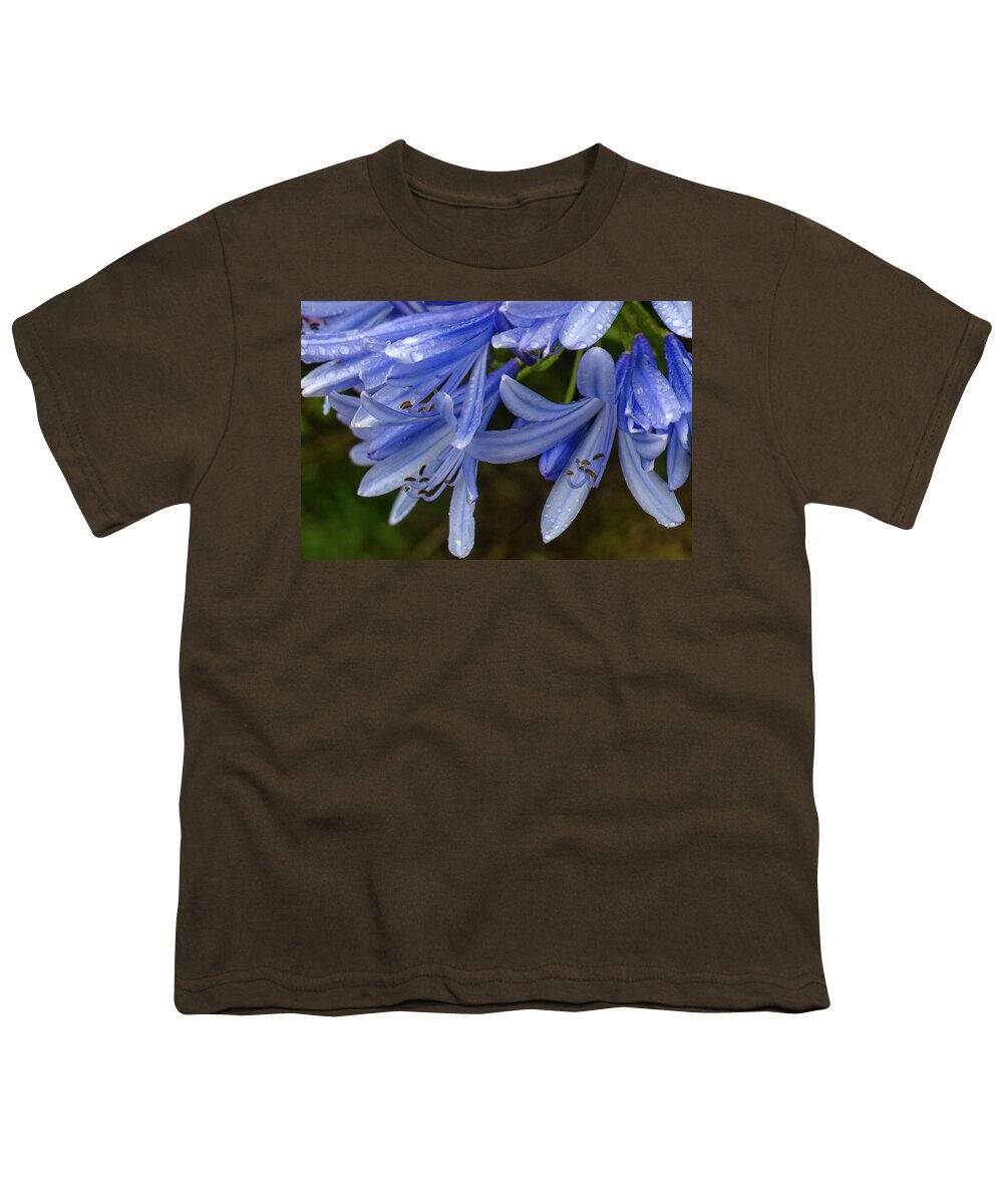Alii Kula Lavender Farm Youth T-Shirt featuring the photograph Rain Drops on Blue Flower by Jeff Phillippi