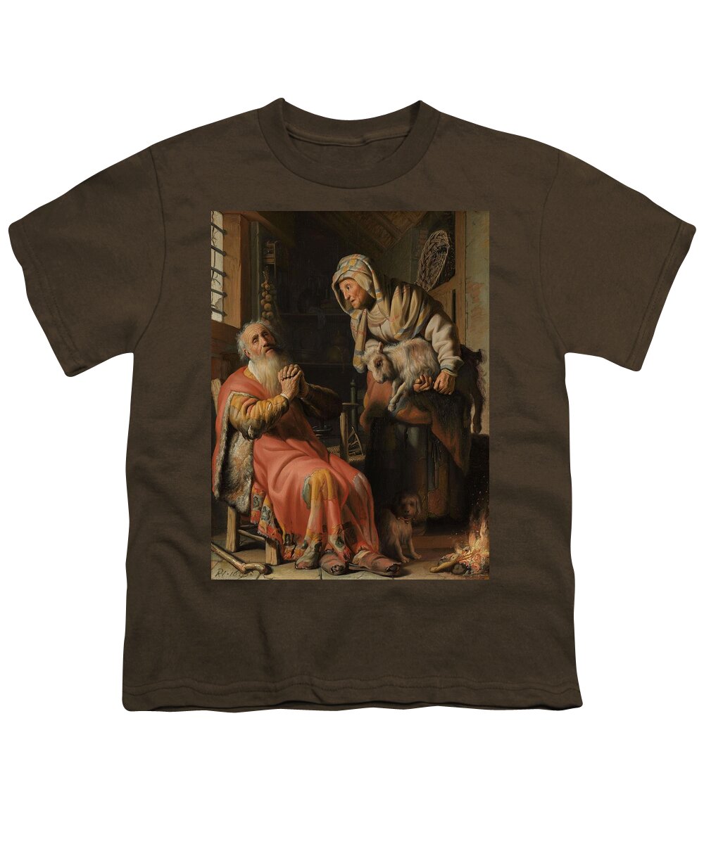 Oil On Panel Youth T-Shirt featuring the painting Tobit and Anna with the Kid. by Rembrandt van Rijn -mentioned on object-