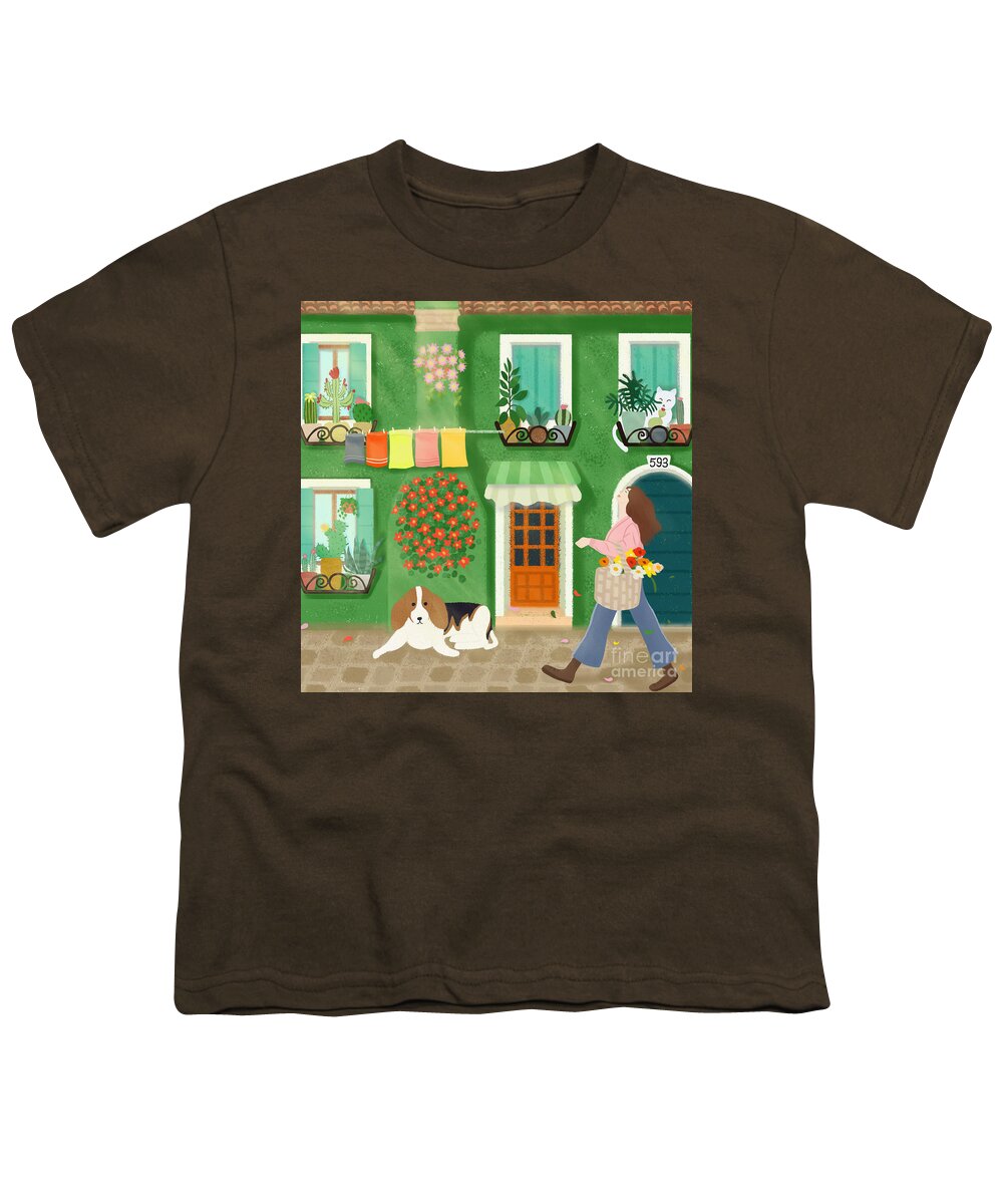 Houses Youth T-Shirt featuring the drawing A girl with a basket of flowers by Min Fen Zhu