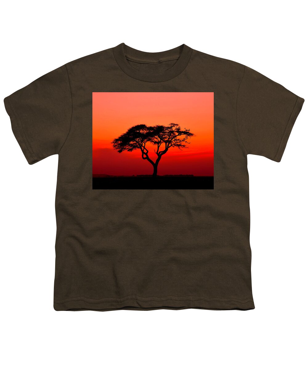 Africa Youth T-Shirt featuring the photograph A Solitary Acacia Tree in the African Sunset by Mitchell R Grosky