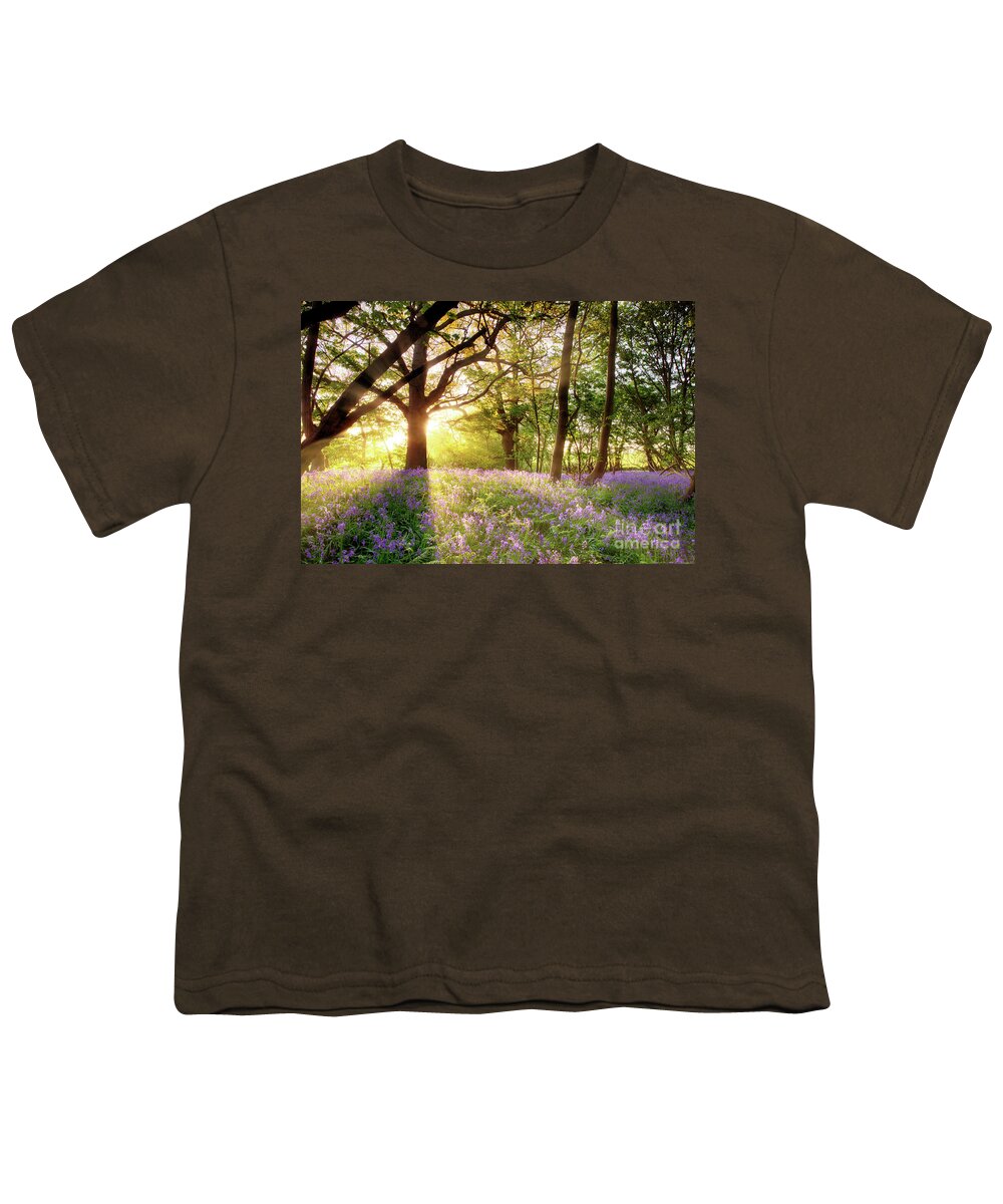 Norfolk Youth T-Shirt featuring the photograph Norfolk sunrise in bluebell forest England by Simon Bratt