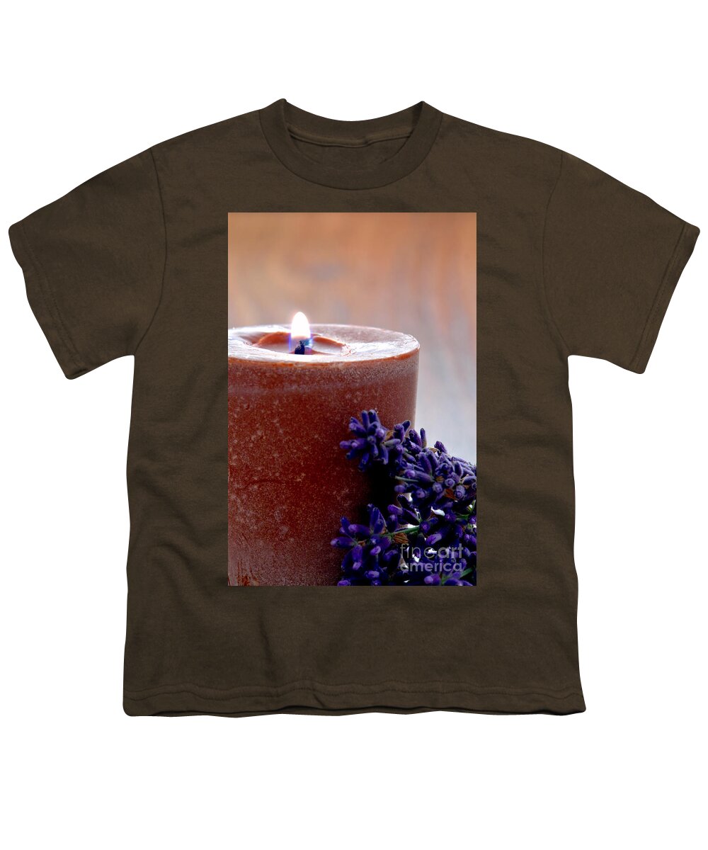 Aromatherapy Youth T-Shirt featuring the photograph Aromatherapy Candle and Lavender Flowers in a Spa by Olivier Le Queinec