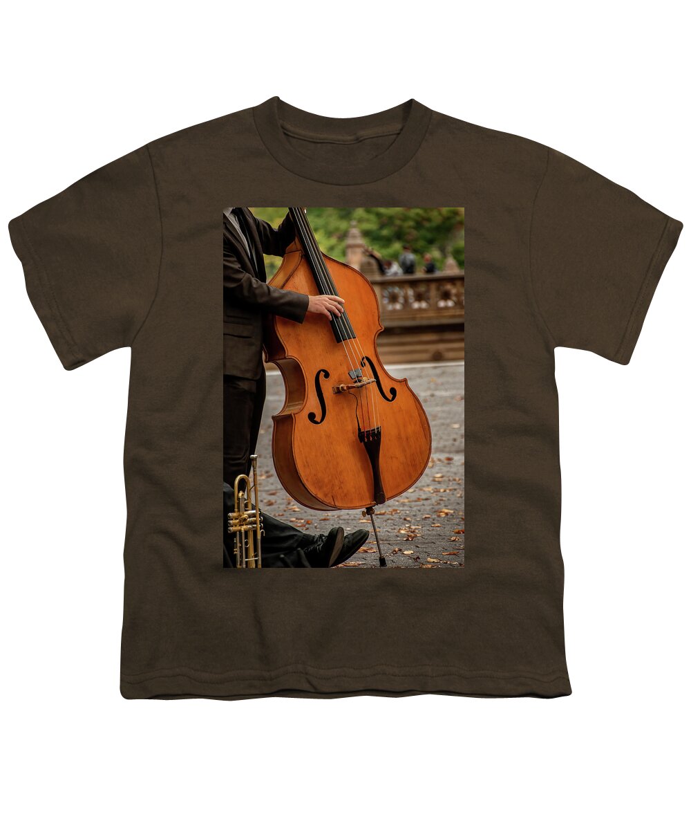Central Park Youth T-Shirt featuring the photograph Bass Player in the Park by Phil Cardamone