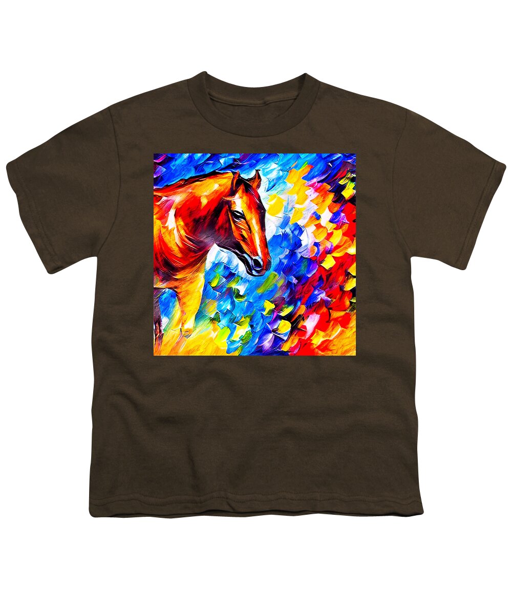 Horse Youth T-Shirt featuring the digital art Brown horse portrait on a colorful blue, red and yellow background by Nicko Prints