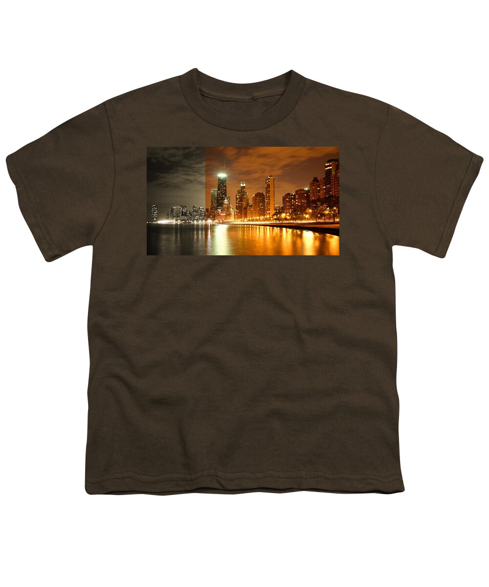 Architecture Youth T-Shirt featuring the photograph Chicago Skyline Night Lights Water by Patrick Malon