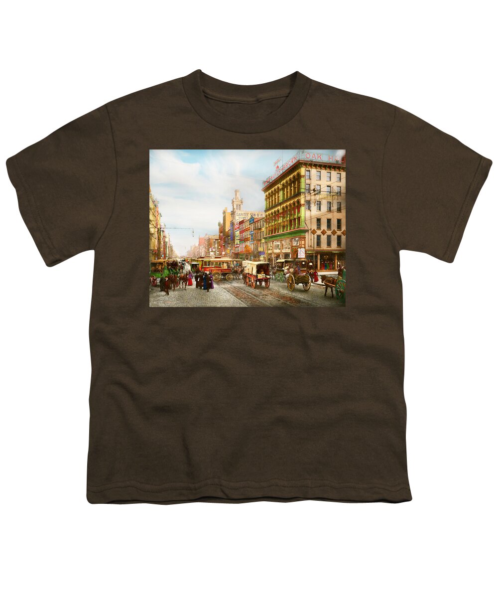 Philly Youth T-Shirt featuring the photograph City - Philadelphia, PA - Sixth and Market St 1902 by Mike Savad