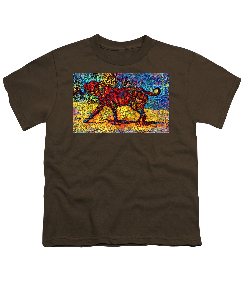 English Mastiff Youth T-Shirt featuring the digital art English Mastiff waiting for a treat - colorful abstract painting in blue, yellow and red by Nicko Prints