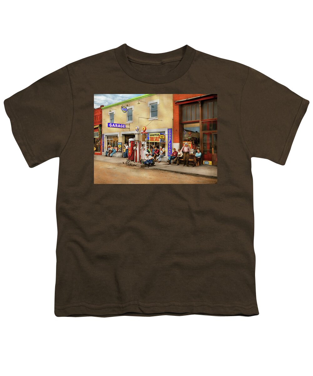 Idaho Youth T-Shirt featuring the photograph Gas Station - Chatting in a small town 1941 by Mike Savad