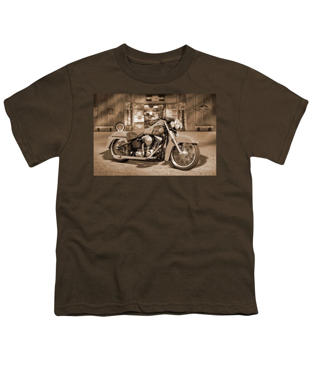Motorcycle Youth T-Shirt featuring the photograph H D Outside the Shop by Mike McGlothlen