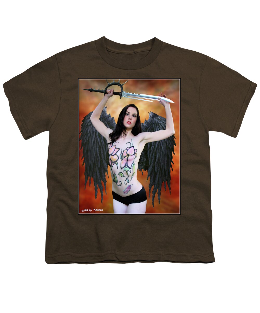 Cosplay Youth T-Shirt featuring the photograph Hawk Girl Wearing Body Paint by Jon Volden