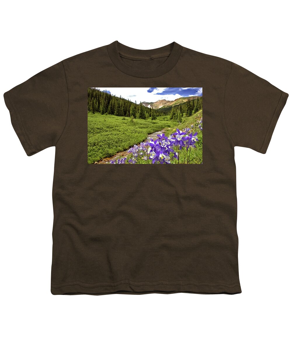 Columbines Youth T-Shirt featuring the photograph Herman Gulch Columbines by Bob Falcone