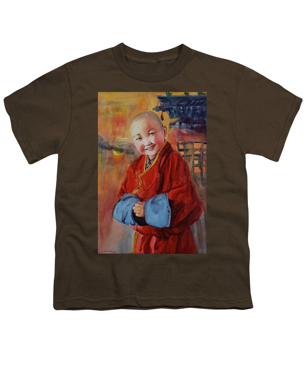 Little Youth T-Shirt featuring the painting Little Monk by Munkhzul Bundgaa