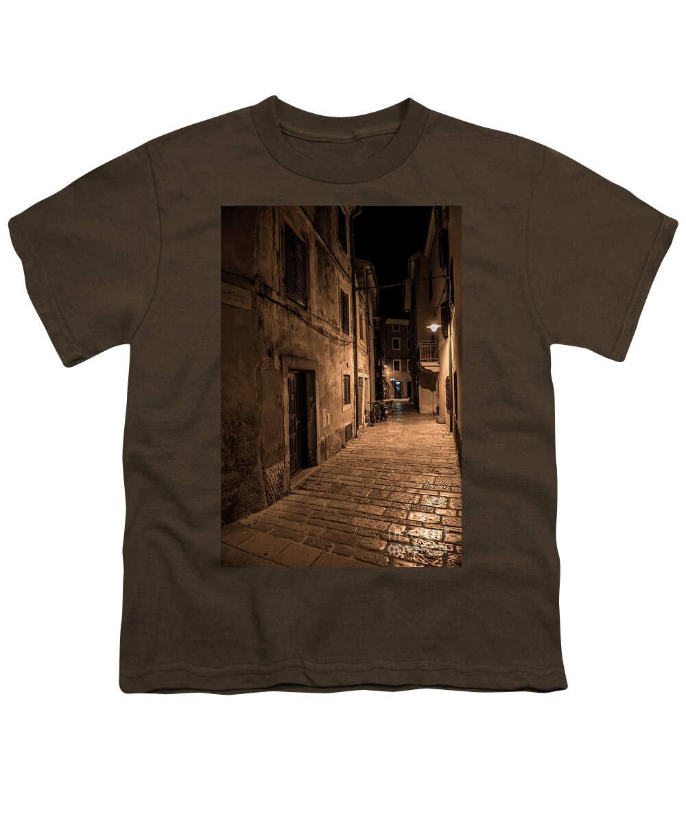 Accommodation Youth T-Shirt featuring the photograph Narrow Alley With Old Houses In The Village Fazana In Croatia by Andreas Berthold