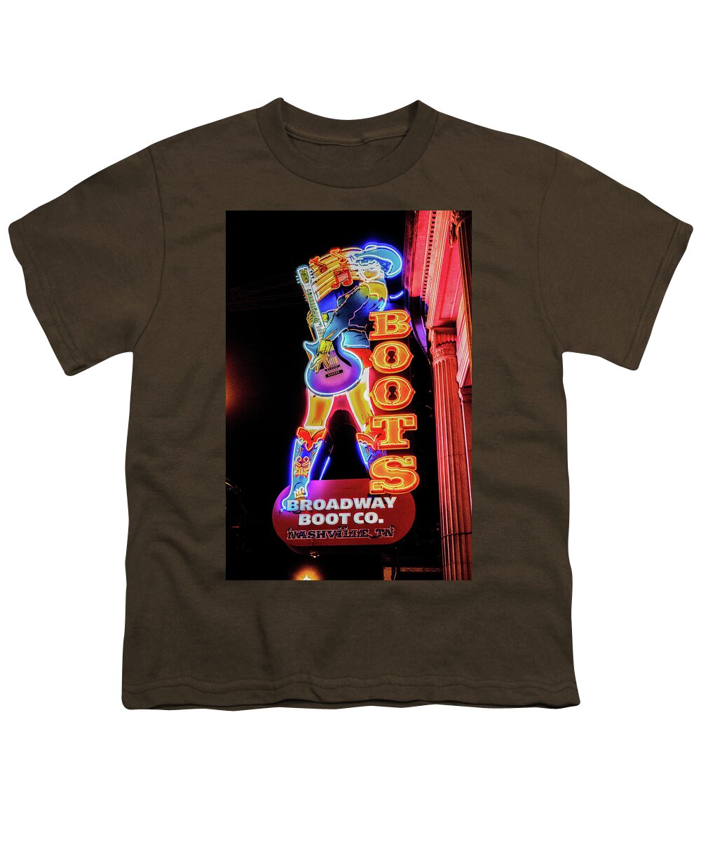 Nashville Youth T-Shirt featuring the photograph Neon Lights In Nashville Tennessee Girl With Guitar by Dave Morgan