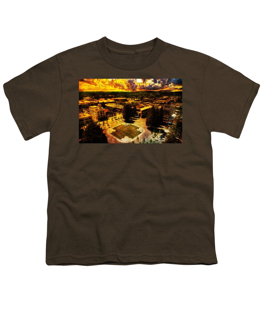 Santa Rosa Youth T-Shirt featuring the digital art Old Courthouse Square in Santa Rosa, California, seen on sunset by Nicko Prints