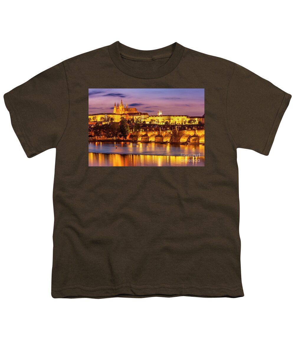 Prague Youth T-Shirt featuring the photograph Prague castle and St Vitus cathedral at night by Neale And Judith Clark