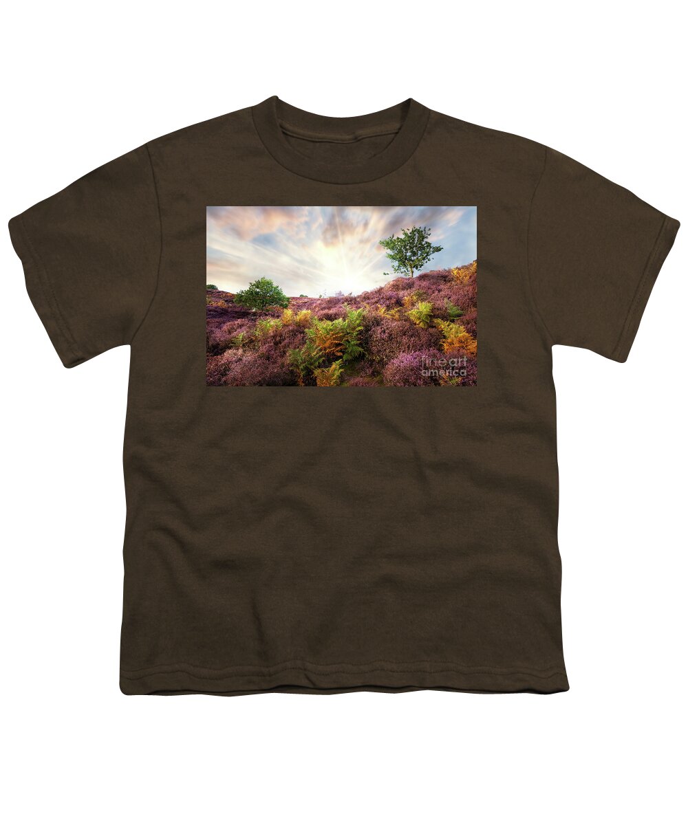 Heather Youth T-Shirt featuring the photograph Purple heather sunrise at Roydon Common Norfolk by Simon Bratt