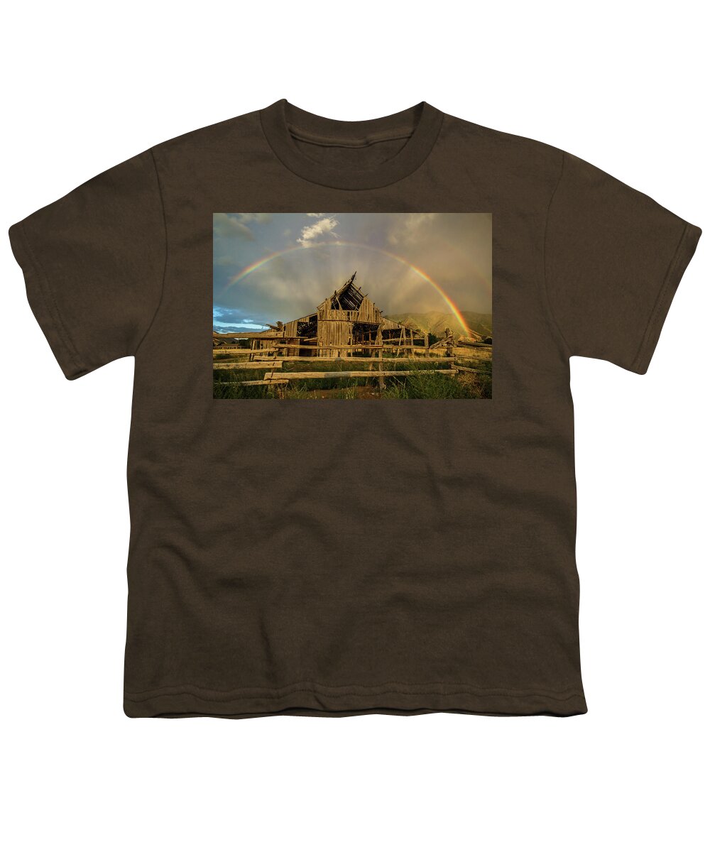 Barn Youth T-Shirt featuring the photograph Rainbow over Mapleton Barn by Wesley Aston
