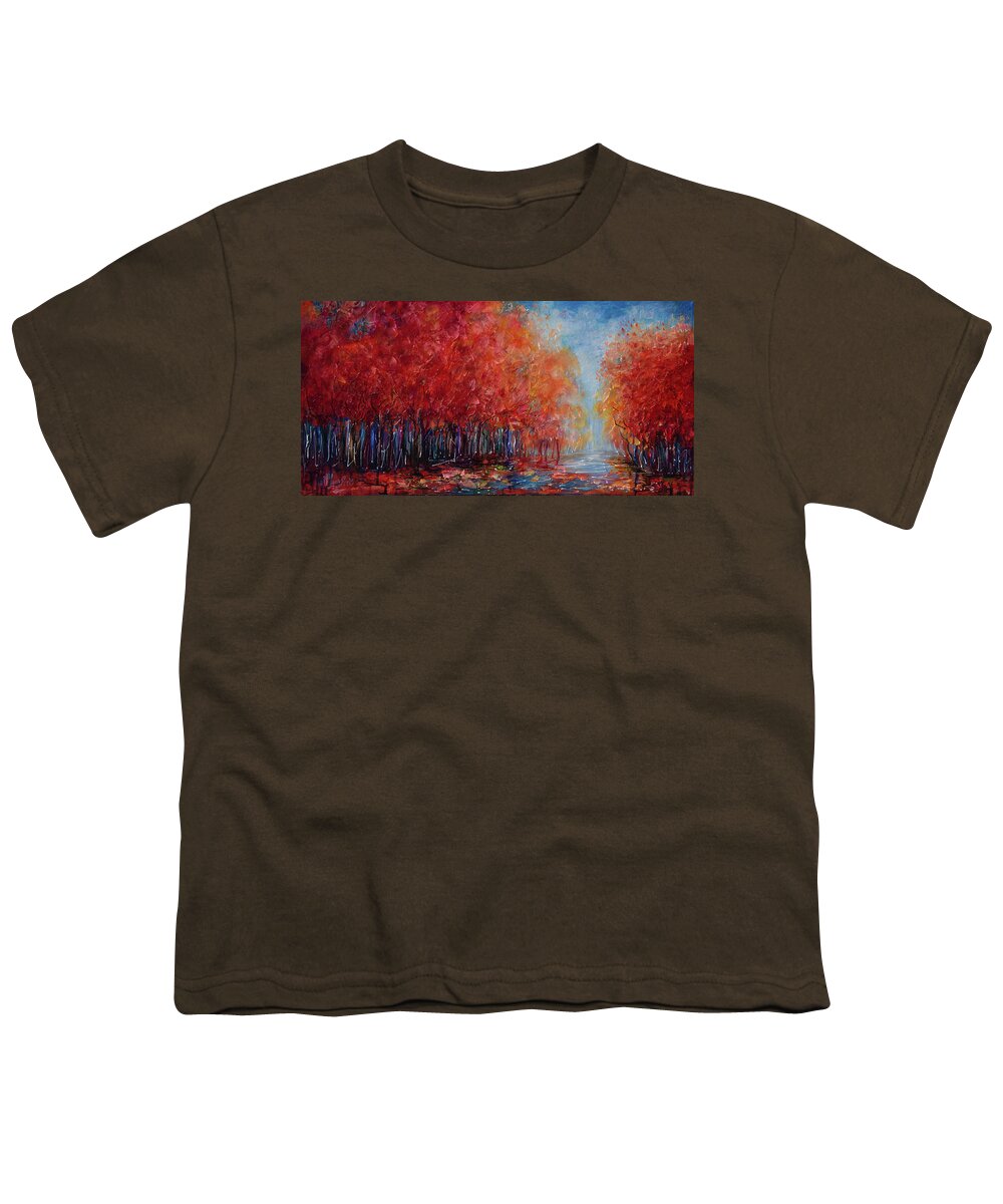  Youth T-Shirt featuring the painting Red Autumn Trees in a Fall forest Palette Knife Oil Painting by Lena Owens - OLena Art Vibrant Palette Knife and Graphic Design
