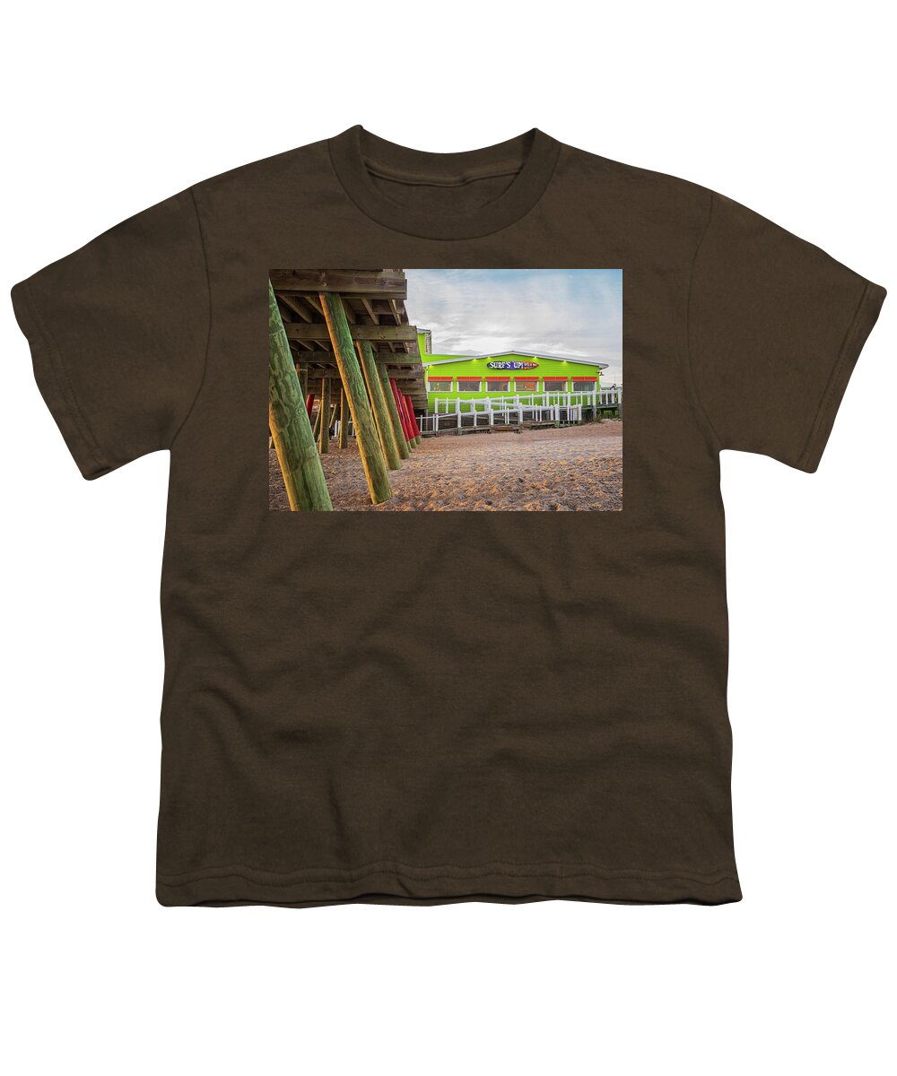 Surf's Up Youth T-Shirt featuring the photograph Surf's Up at Bogue Inlet Pier - Emerald Isle NC by Bob Decker