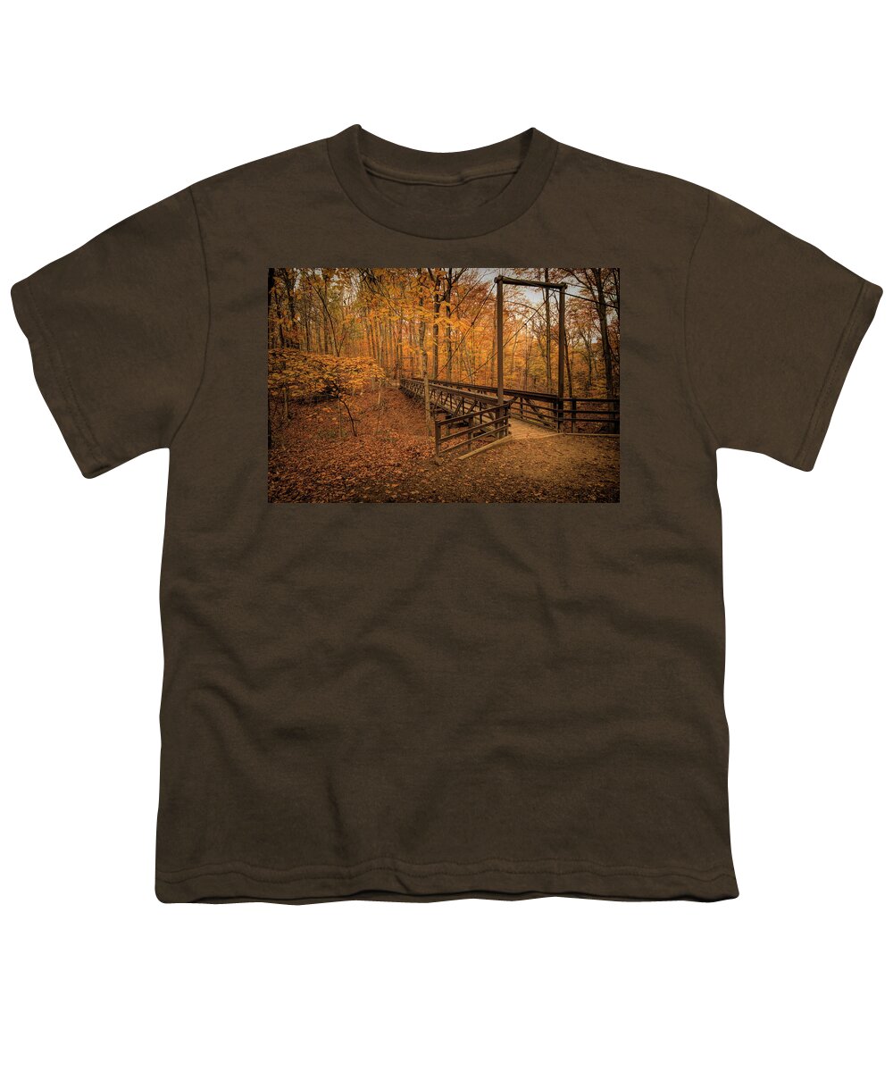 Ravine Youth T-Shirt featuring the photograph Suspension Bridge in the F. A. Seiberling Nature Realm Park by Dennis Lundell