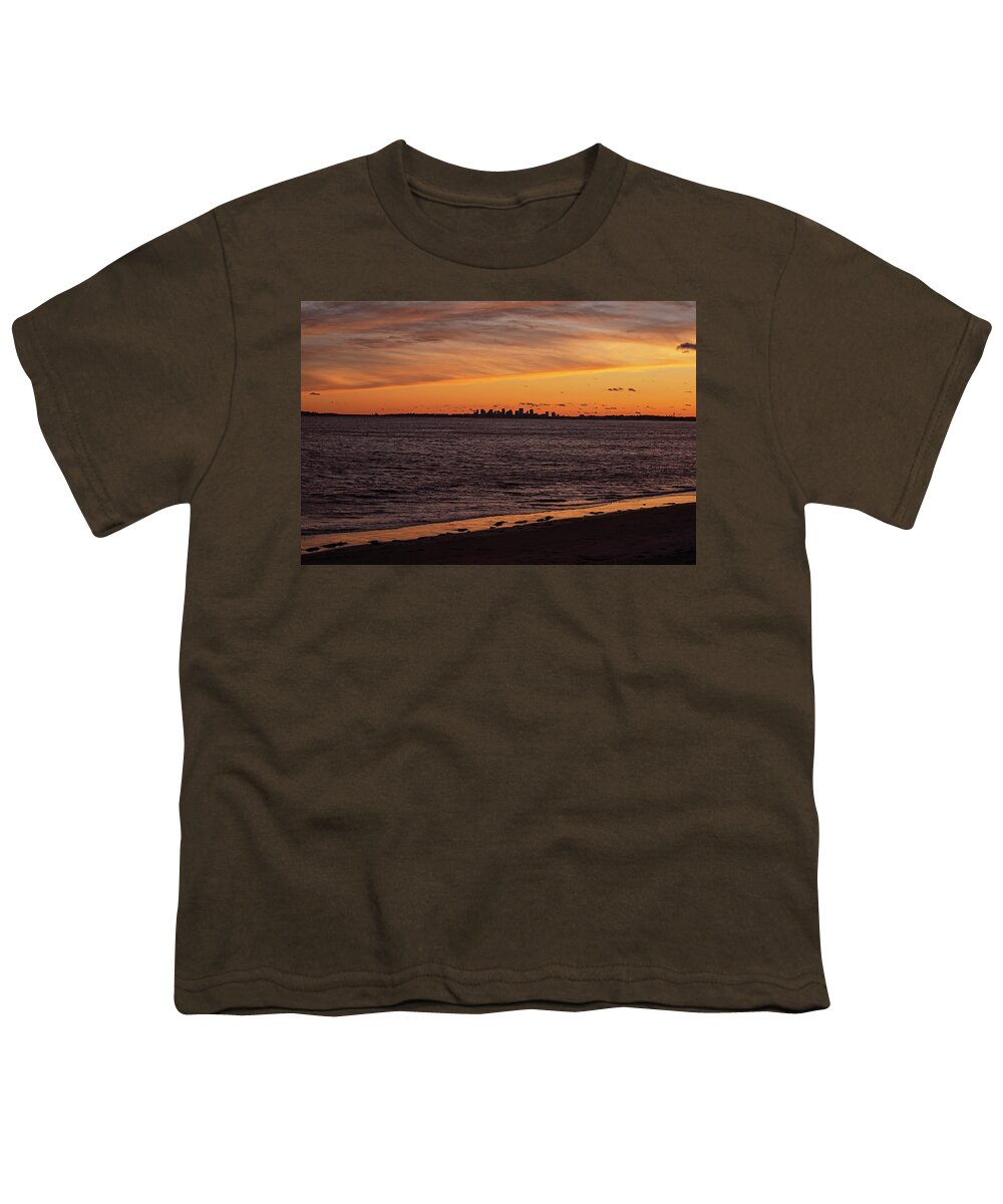 Swampscott Youth T-Shirt featuring the photograph The Boston Skyline from Fisherman's Beach Swampscott MA Sunset by Toby McGuire