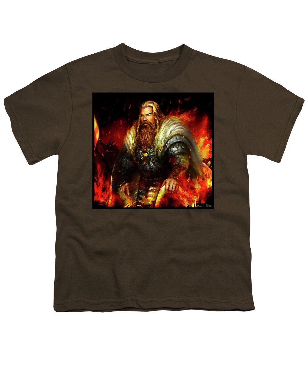 Norse Youth T-Shirt featuring the mixed media The Viking Chieftain - His Home Ablaze by Shawn Dall