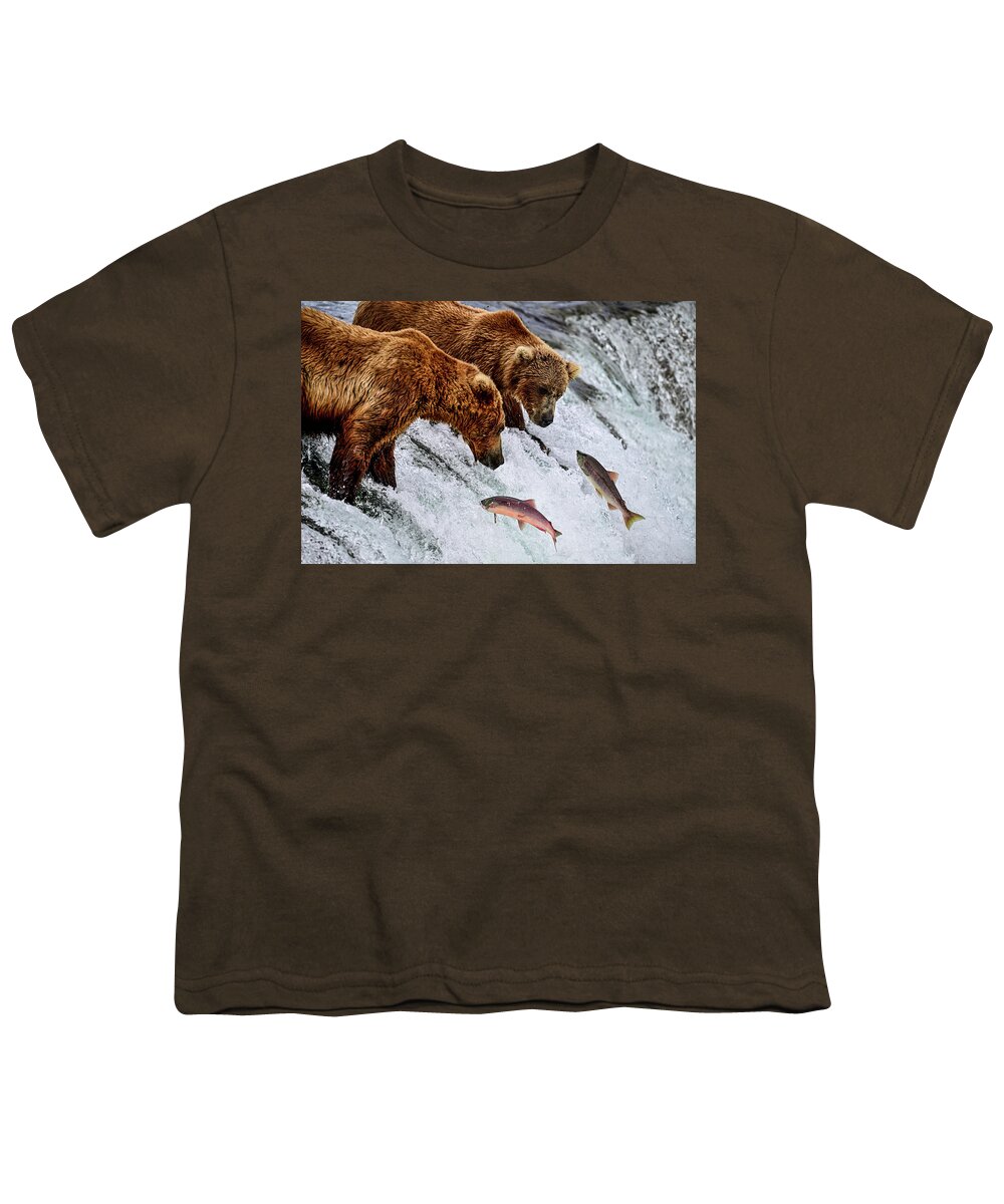 Ursus Arctos Gyas Youth T-Shirt featuring the photograph Two Salmons for Two Bears - Brooks Falls, Katmai National Park by Amazing Action Photo Video