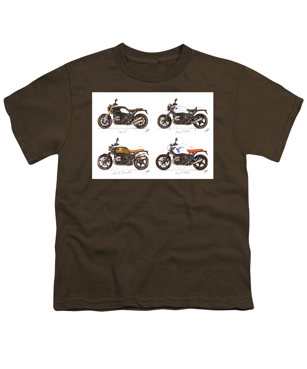 Motorbike Paitning Youth T-Shirt featuring the painting Watercolor BMW NineT motorcycle models - oryginal artwork by Vart. by Vart