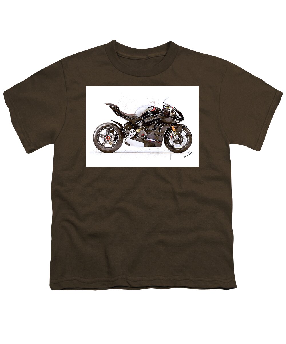 Sport Youth T-Shirt featuring the painting Watercolor Ducati Panigale V4SP 2022 motorcycle, oryginal artwork b by Vart Studio