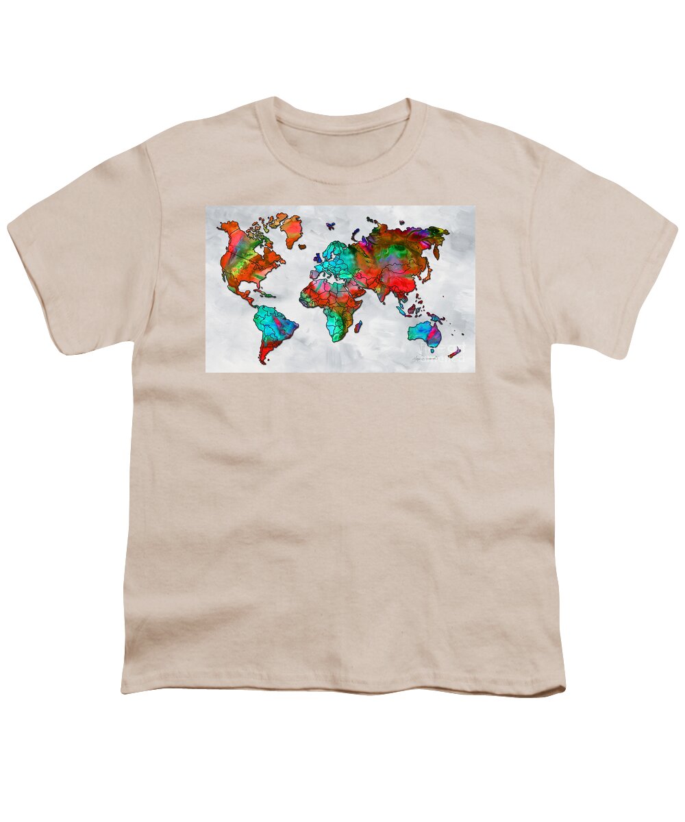 Map Youth T-Shirt featuring the painting Original Vibrant Colorful World Map PoP Art Style Painting by Megan Duncanson #1 by Megan Aroon