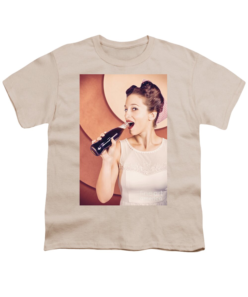 Vintage Youth T-Shirt featuring the photograph Retro pin up pop art. Soda girl from 1950 #1 by Jorgo Photography