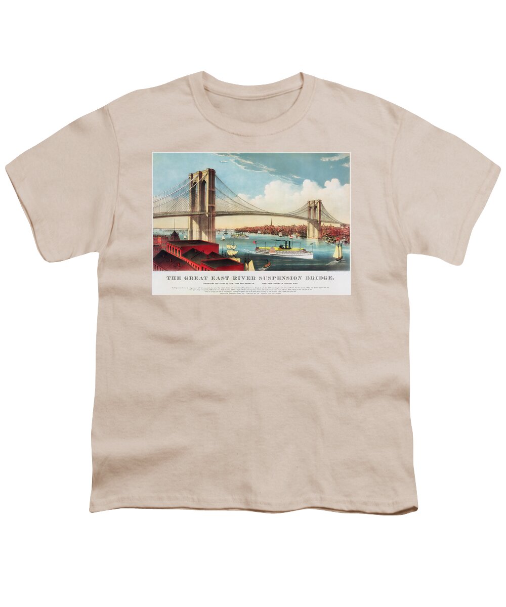 Lithograph Youth T-Shirt featuring the drawing The Brooklyn Bridge #4 by Mountain Dreams