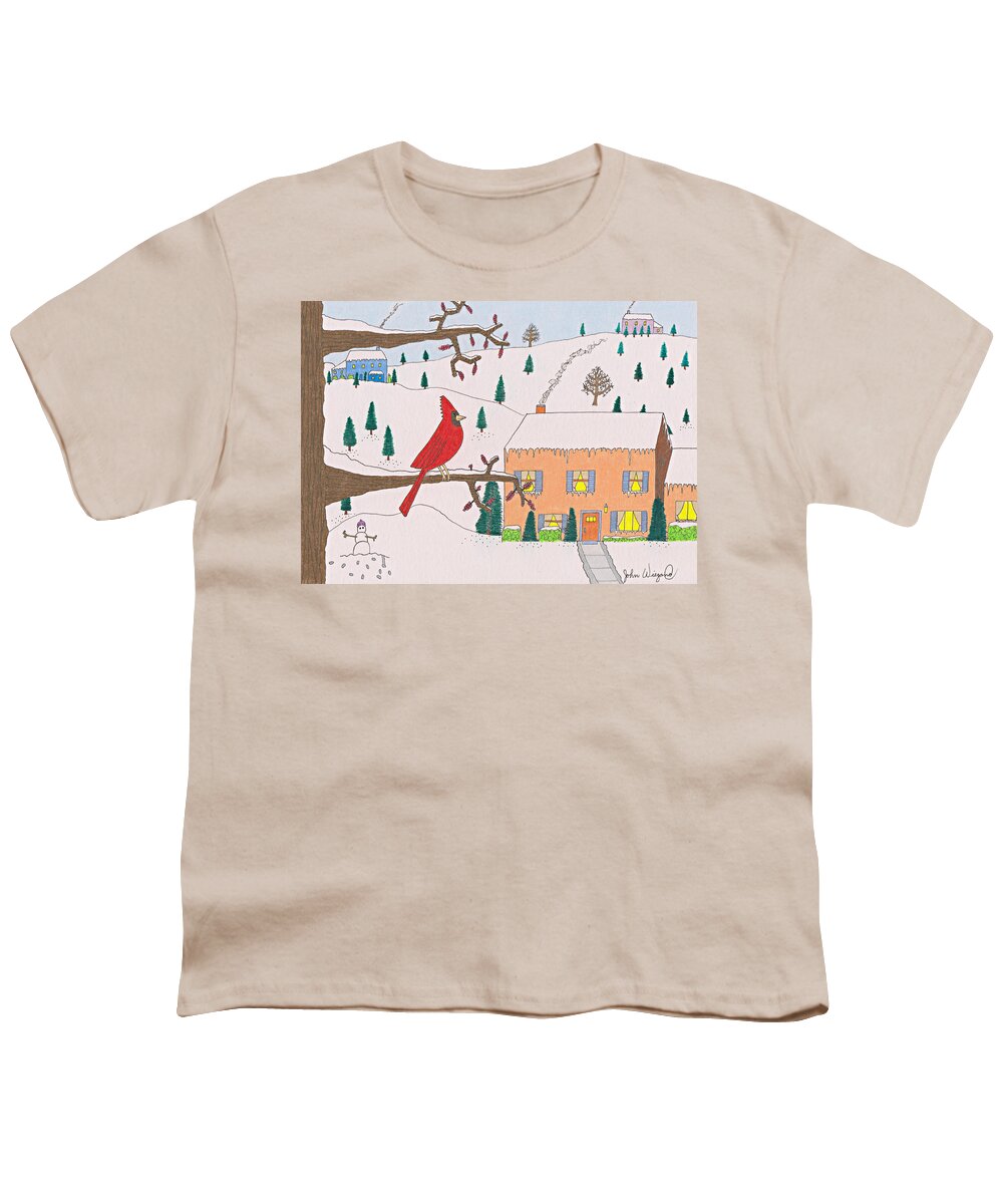 Cardinal Youth T-Shirt featuring the drawing A Cardinal Christmas by John Wiegand