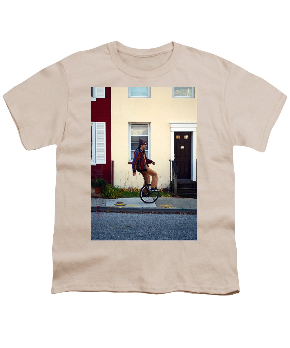 Baltimore Youth T-Shirt featuring the photograph A Lesson in Unicycle by La Dolce Vita