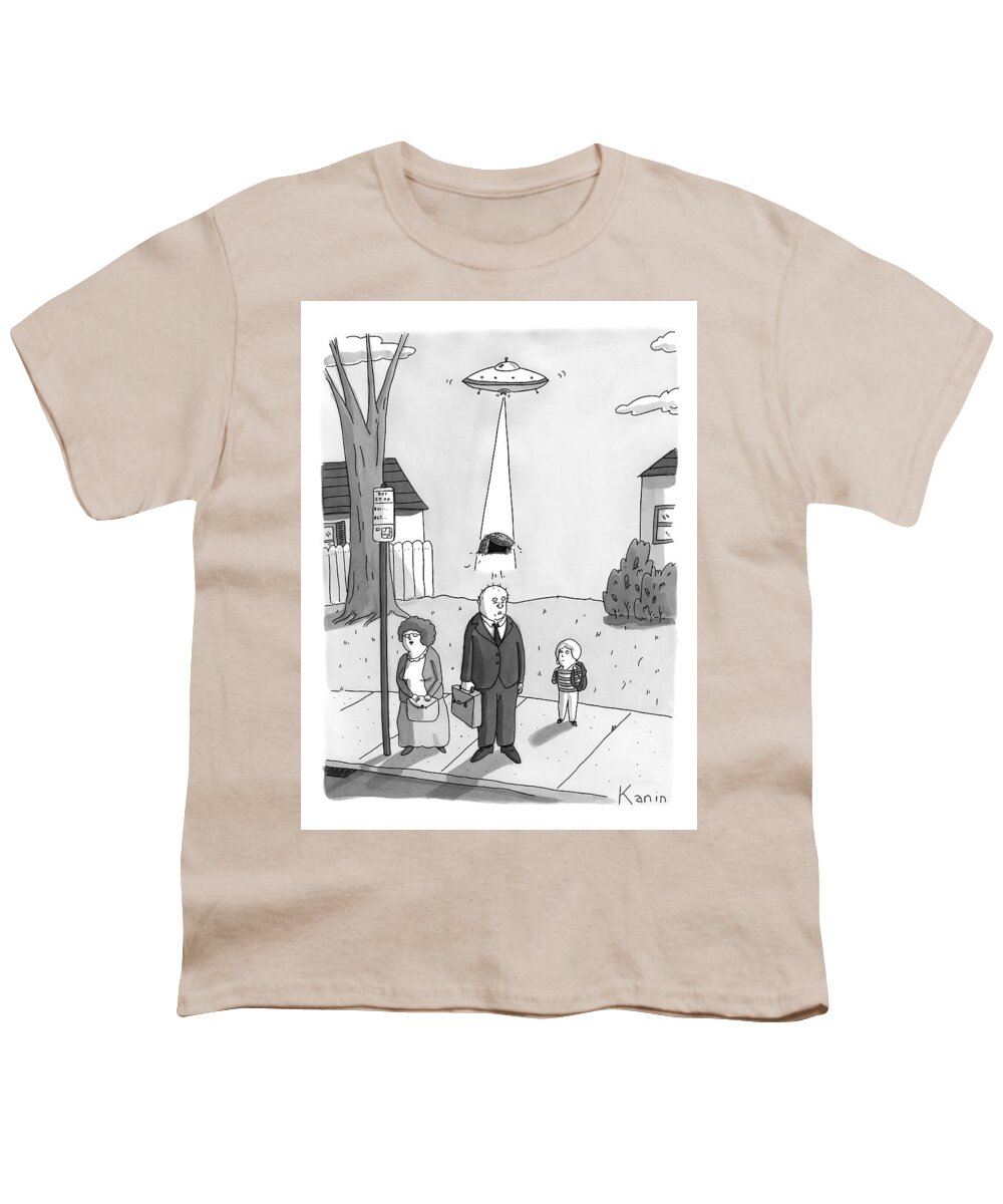 Space Travel Youth T-Shirt featuring the drawing A Man Has His Toupee Abducted By Aliens Traveling by Zachary Kanin