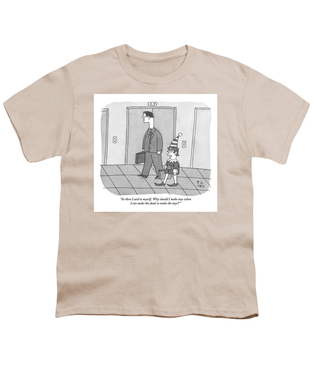 Christmas - Elves Youth T-Shirt featuring the drawing An Elf Carrying Briefcase Says To The Man by Peter C. Vey