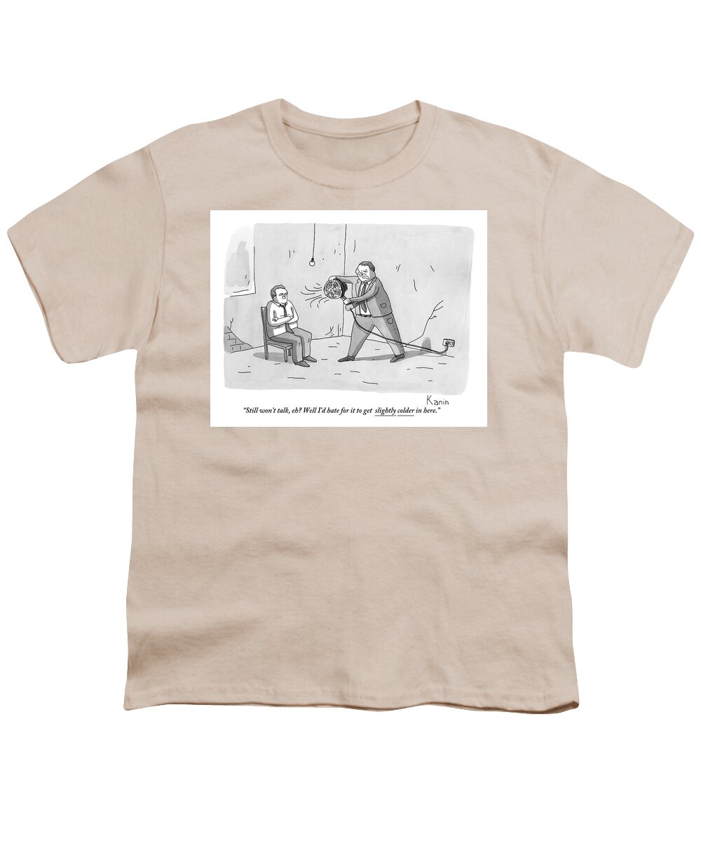 Interrogation Youth T-Shirt featuring the drawing An Interrogation Officer Points A Small Fan by Zachary Kanin