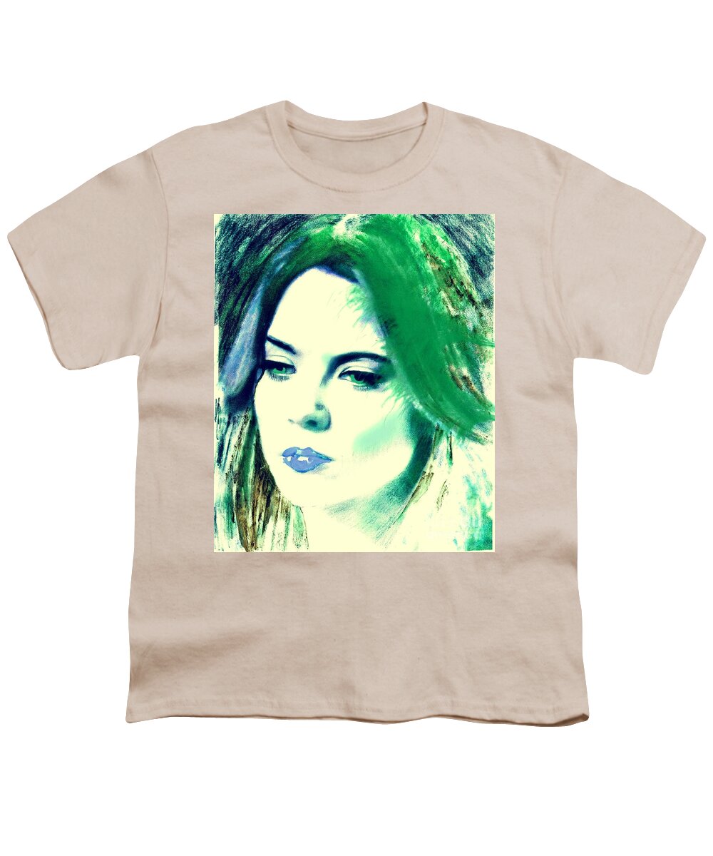 Portrait Youth T-Shirt featuring the mixed media Blue lips on Green by Kim Prowse