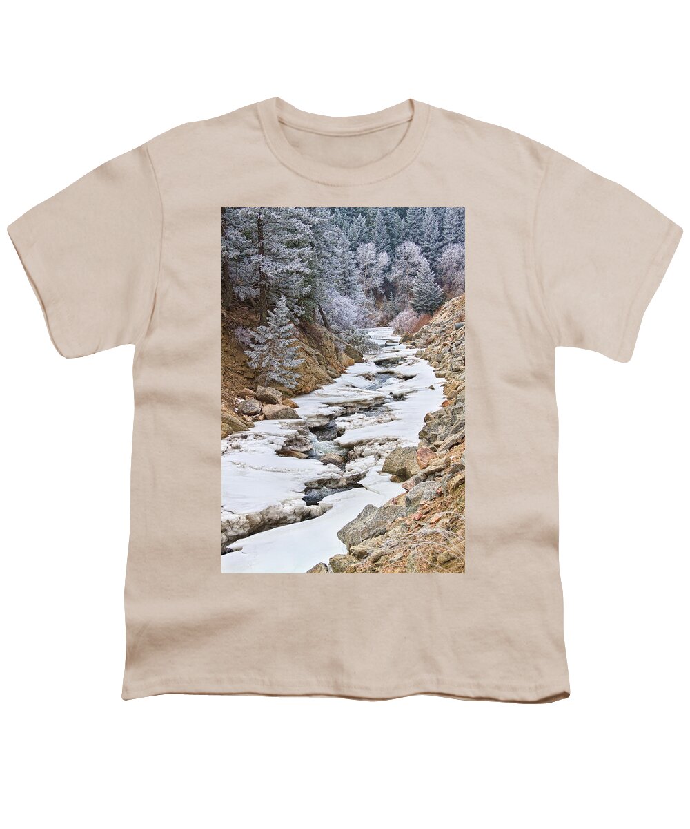 Winter Youth T-Shirt featuring the photograph Boulder Creek Frosted Snowy Portrait View by James BO Insogna