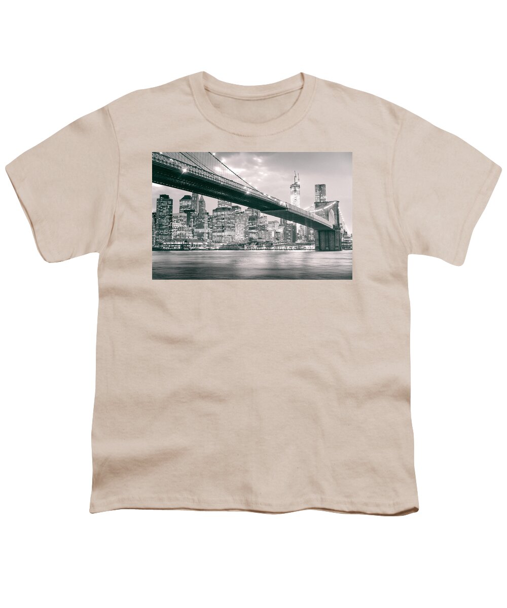Nyc Youth T-Shirt featuring the photograph Brooklyn Bridge and New York City Skyline at Night by Vivienne Gucwa